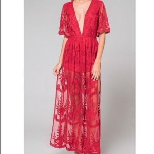 Honey Punch Red Lace Maxi Romper